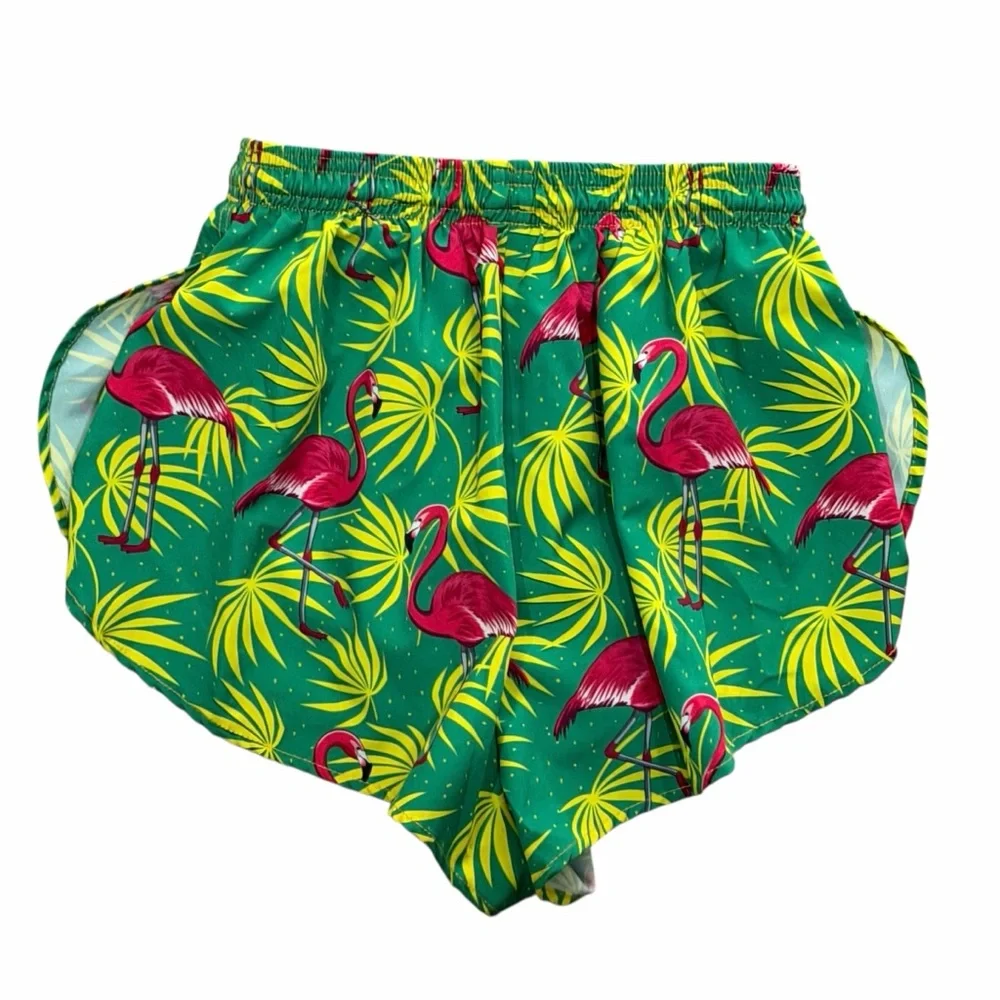 BOA Small 1” Elite Running Shorts Flamingo Beach Print Half Slit Active Sport G2 - Picture 2 of 3